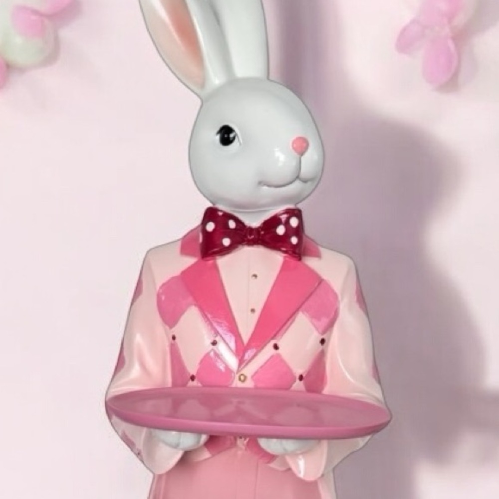 New Pink Mad Hatter Easter bunny with serving tray 21” Tophat tail